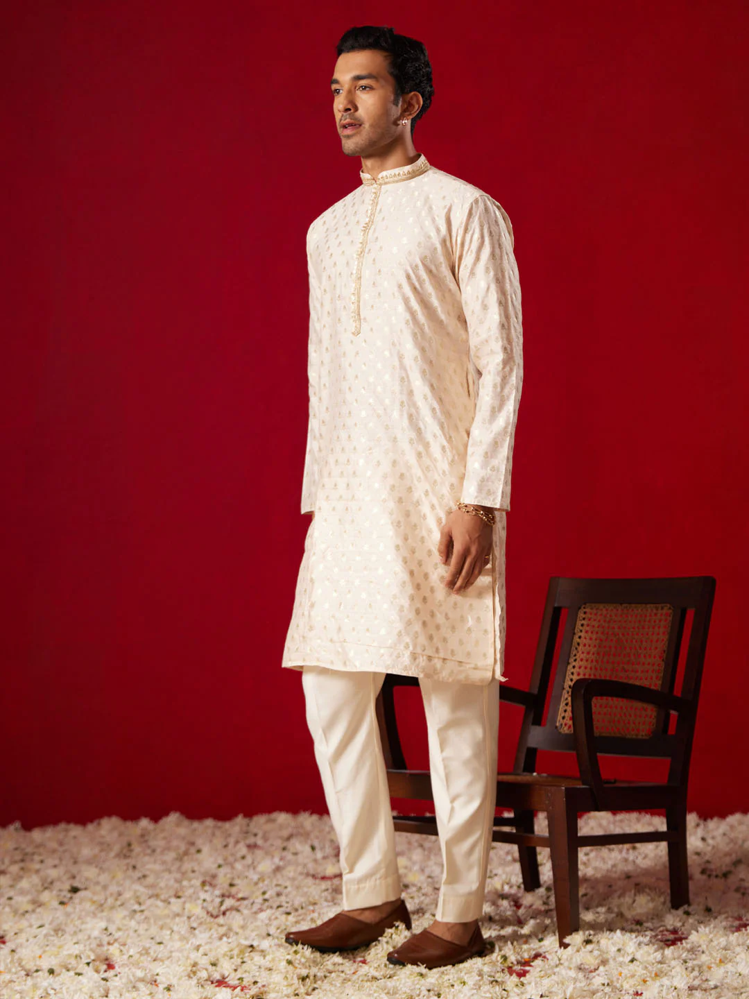 Men's Peach Silk Blend Jacquard Kurta With Pant Set - Image 6