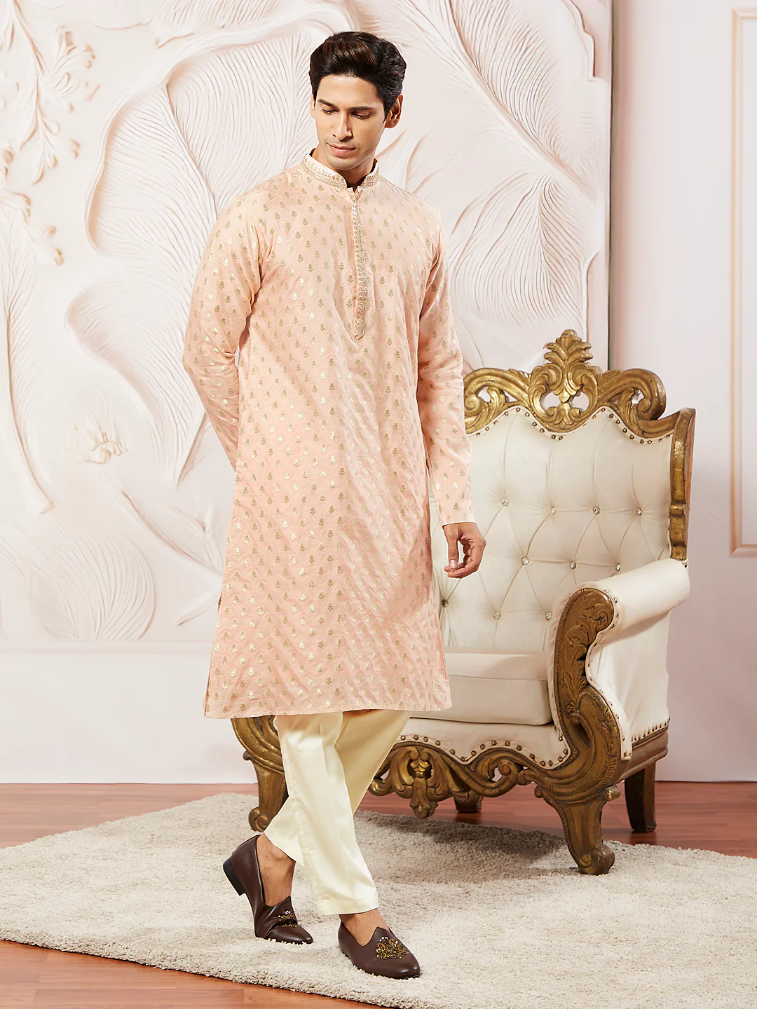Men's Peach Silk Blend Jacquard Kurta - Image 5