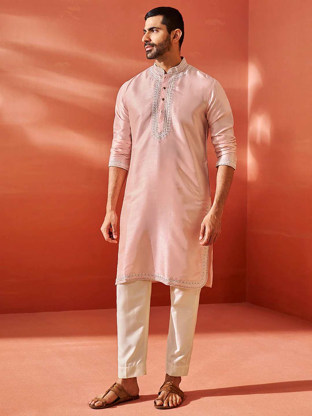 Men's Peach Silk Blend Kurta And Pyjama Set. - Image 2