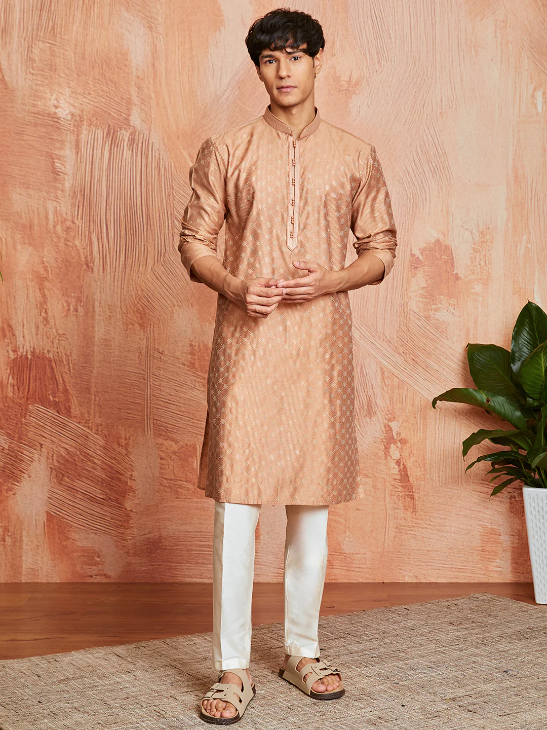 Men's Peach Silk Blend Kurta And Pyjama Set - Image 5