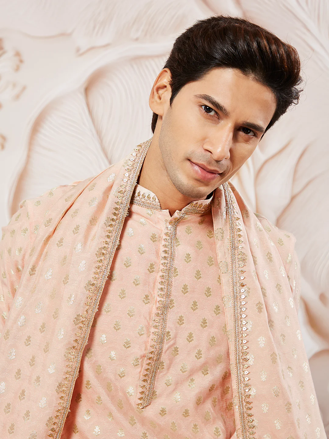 Men's Peach Silk Blend Kurta Pyjama Set - Image 3