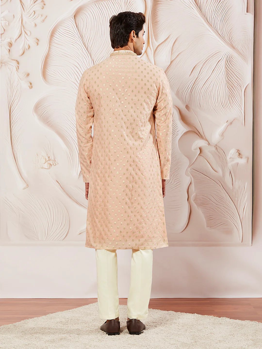 Men's Peach Silk Blend Kurta Pyjama Set - Image 5