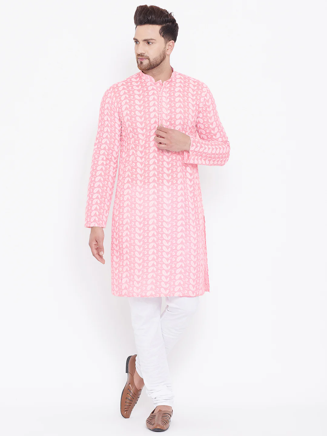 VASTRAMAY Men's Pink Pure Cotton Chikankari Kurta Pyjama Set - Image 2