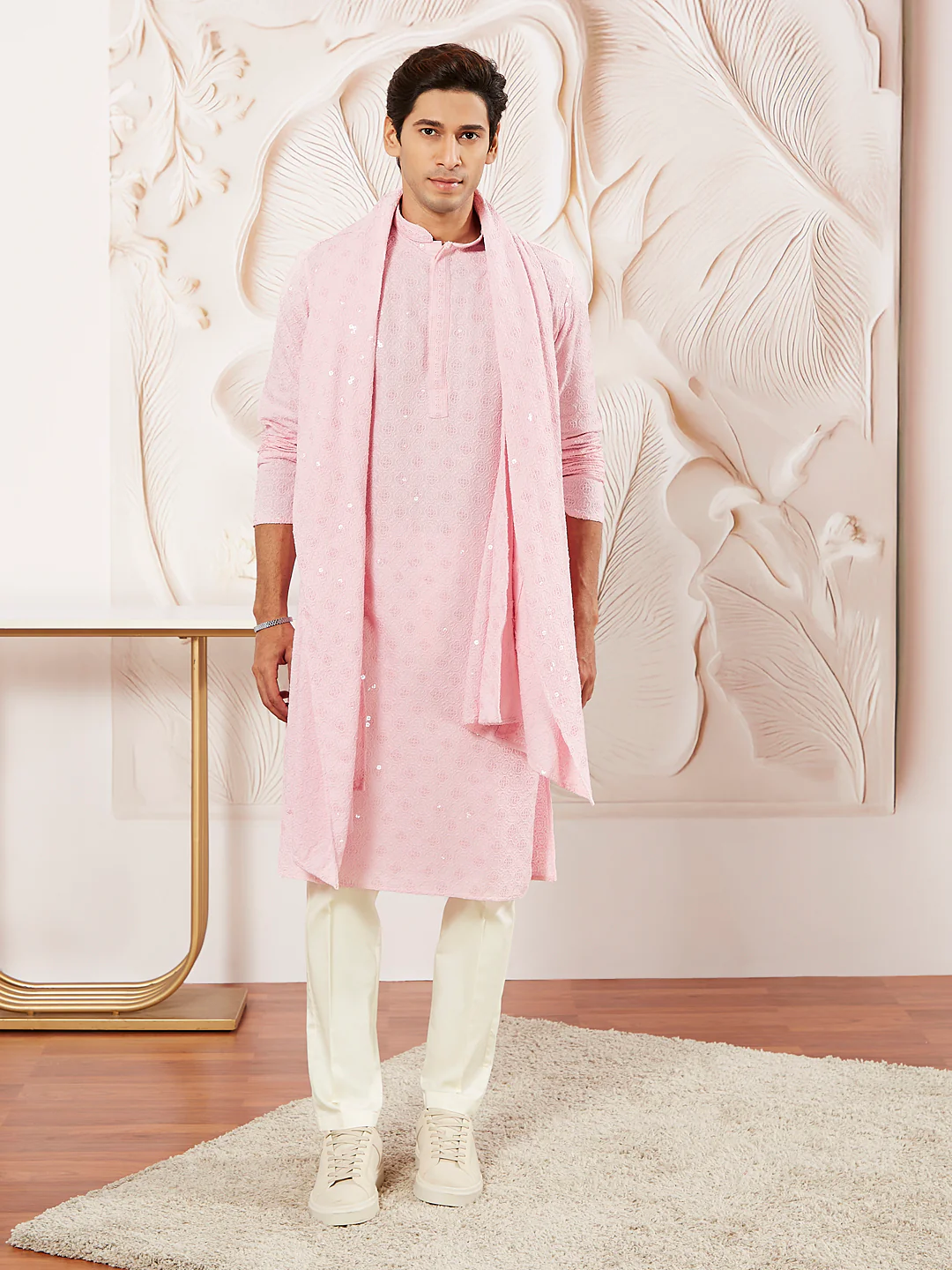 Men's Pink Rayon Kurta Pyjama And Dupatta Set - Image 2