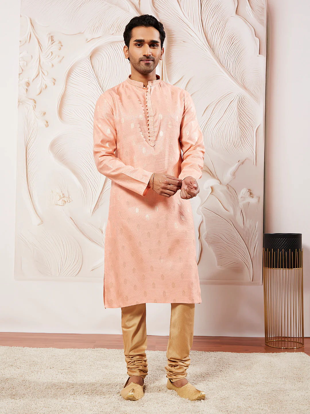 Men's Pink Silk Blend Kurta Pyjama Set - Image 2