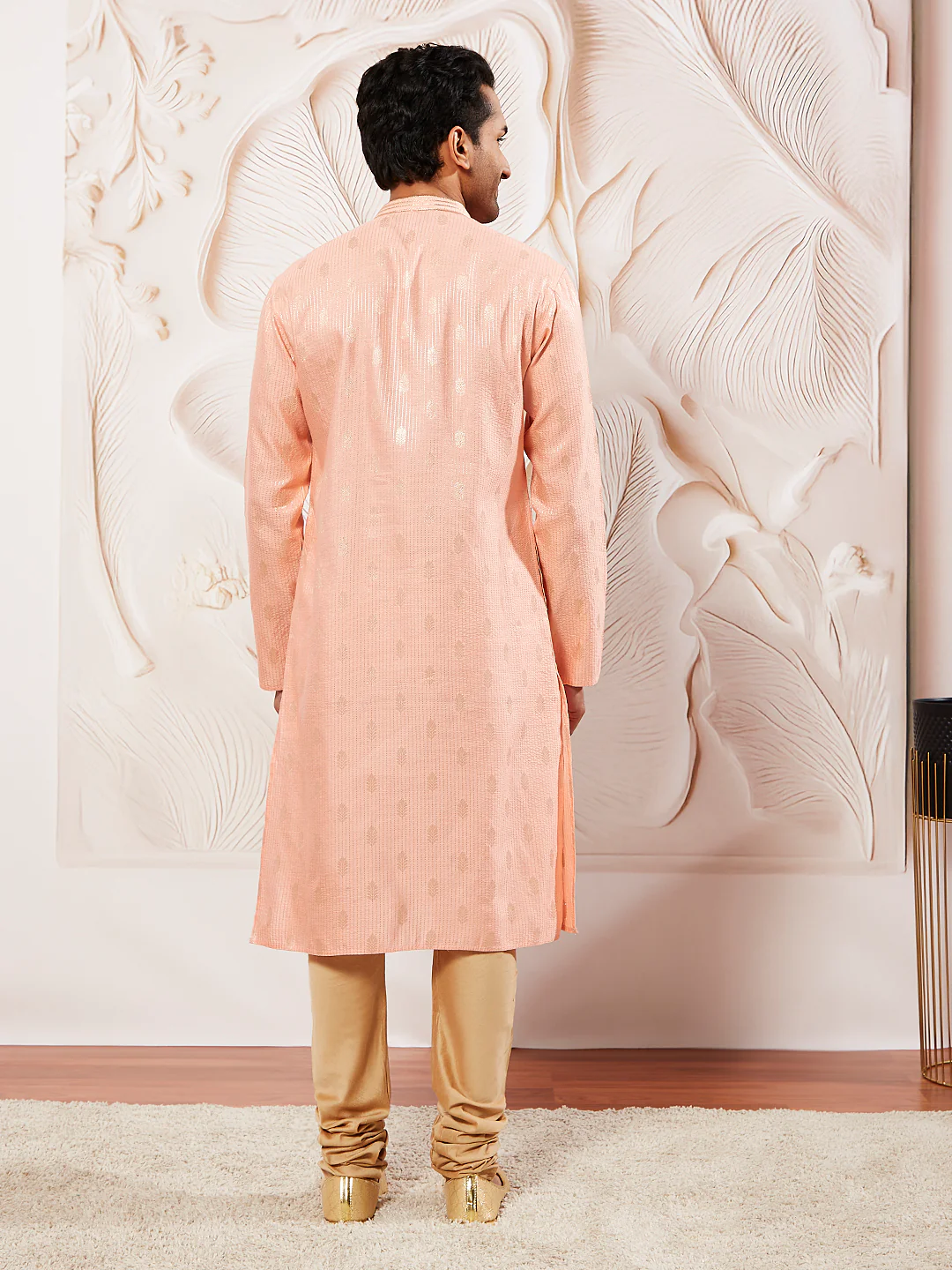 Men's Pink Silk Blend Kurta Pyjama Set - Image 5