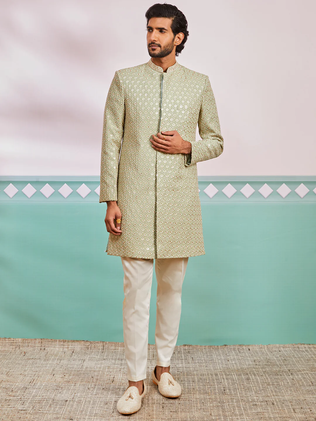 Men's Pista Green Rayon Indo Western And Pyjama Set - Image 2