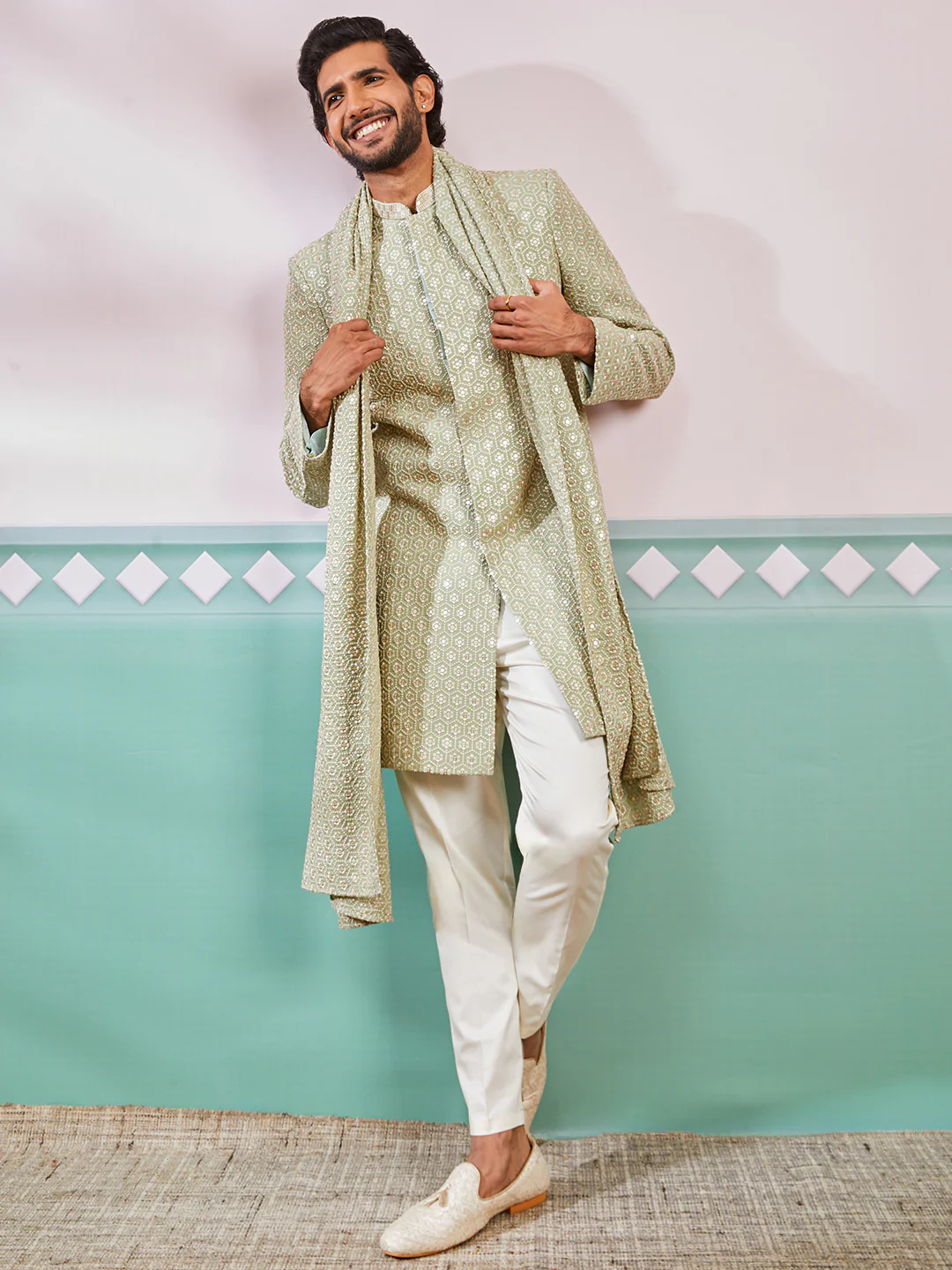 Men's Pista Green Rayon Indo Western, Pyjama And Dupatta Set - Image 2