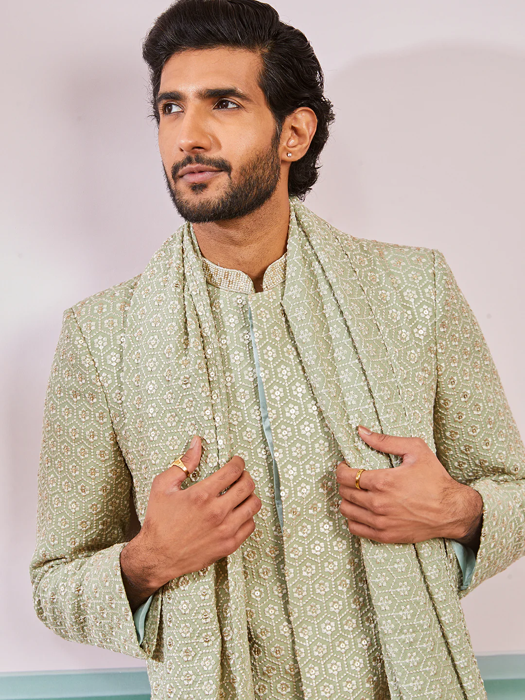 Men's Pista Green Rayon Indo Western, Pyjama And Dupatta Set - Image 3
