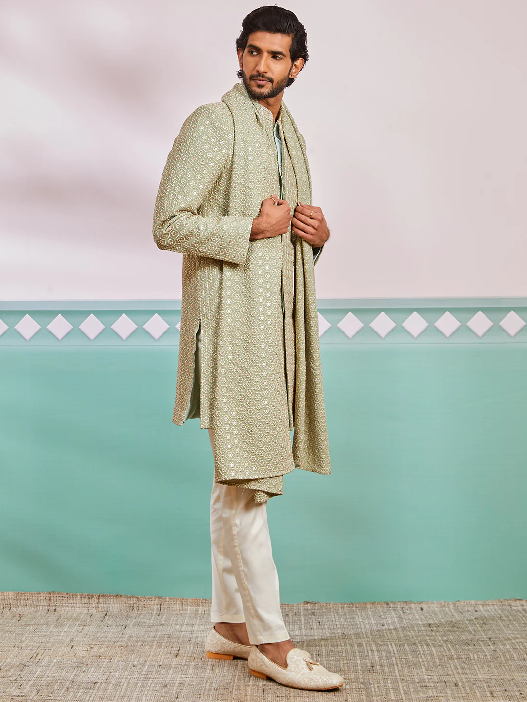Men's Pista Green Rayon Indo Western, Pyjama And Dupatta Set - Image 4