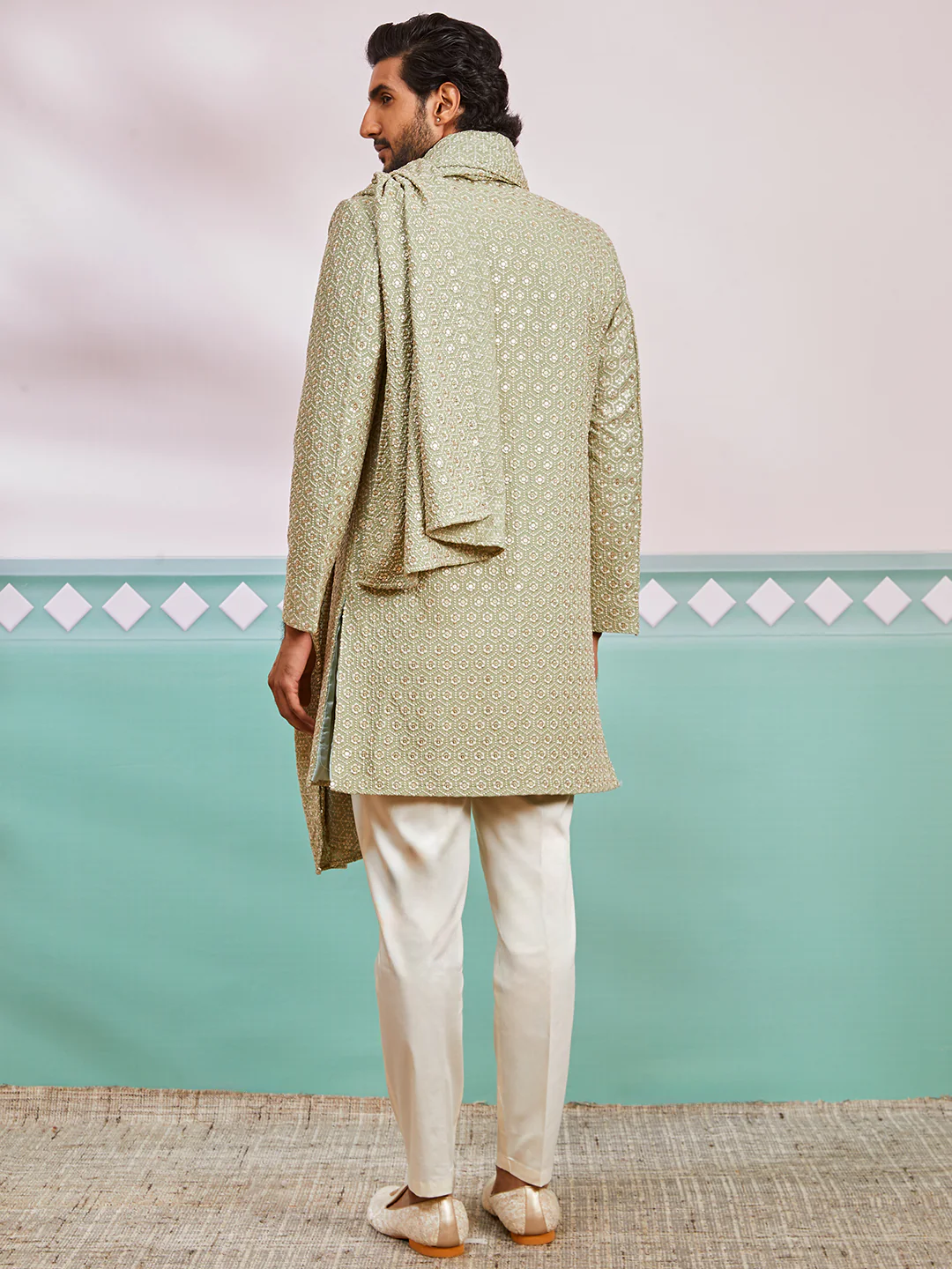 Men's Pista Green Rayon Indo Western, Pyjama And Dupatta Set - Image 5