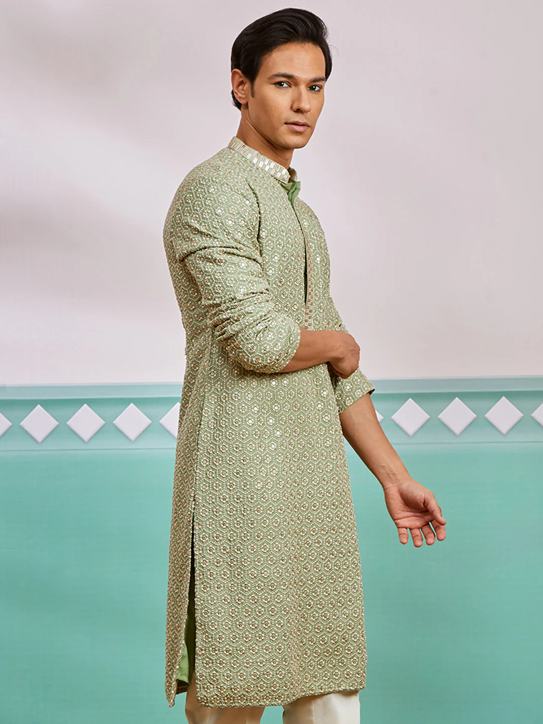 Men's Pista Green Rayon Kurta - Image 2