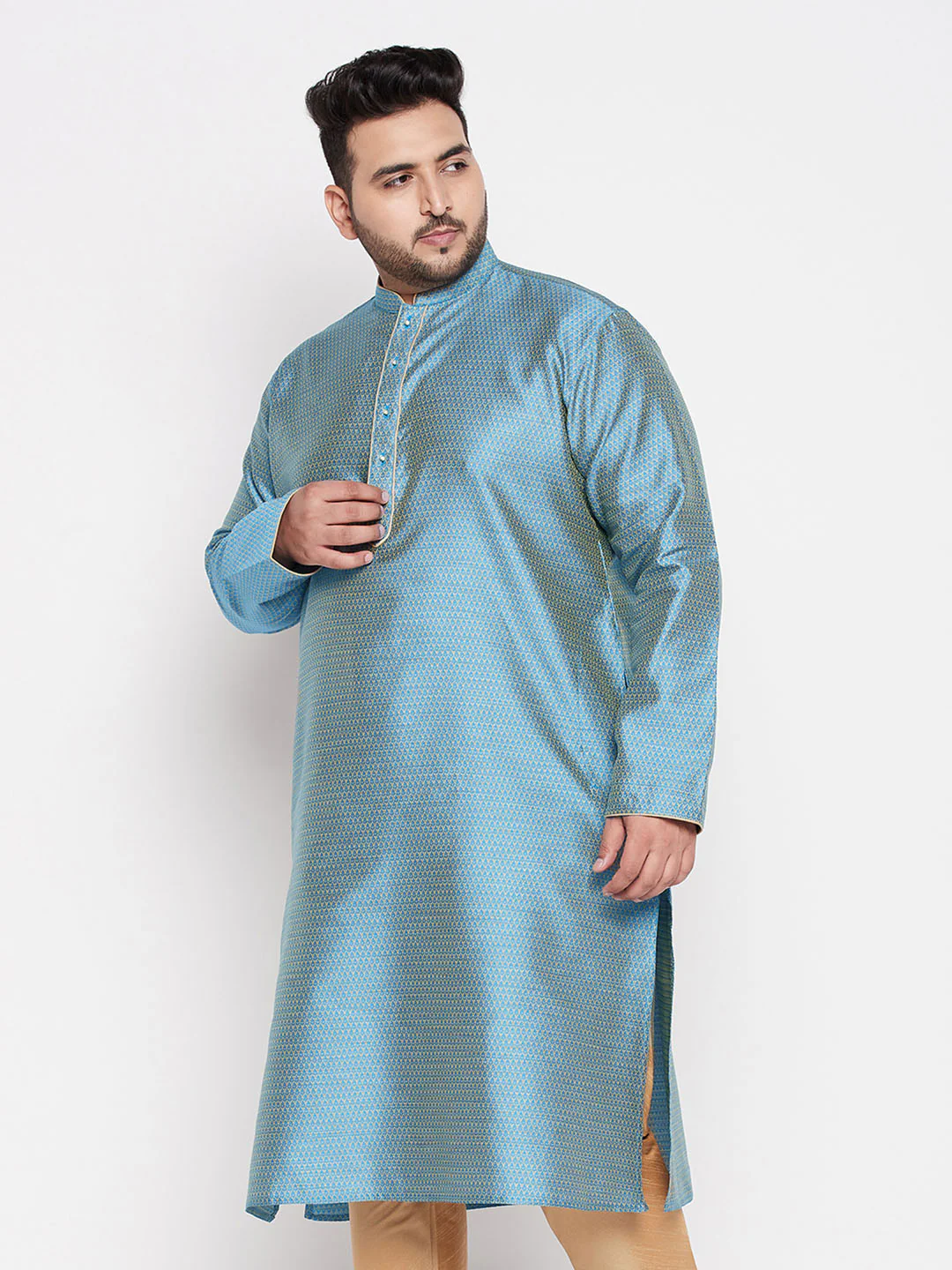 Men's Plus Size Aqua Blue Woven Kurta - Image 2