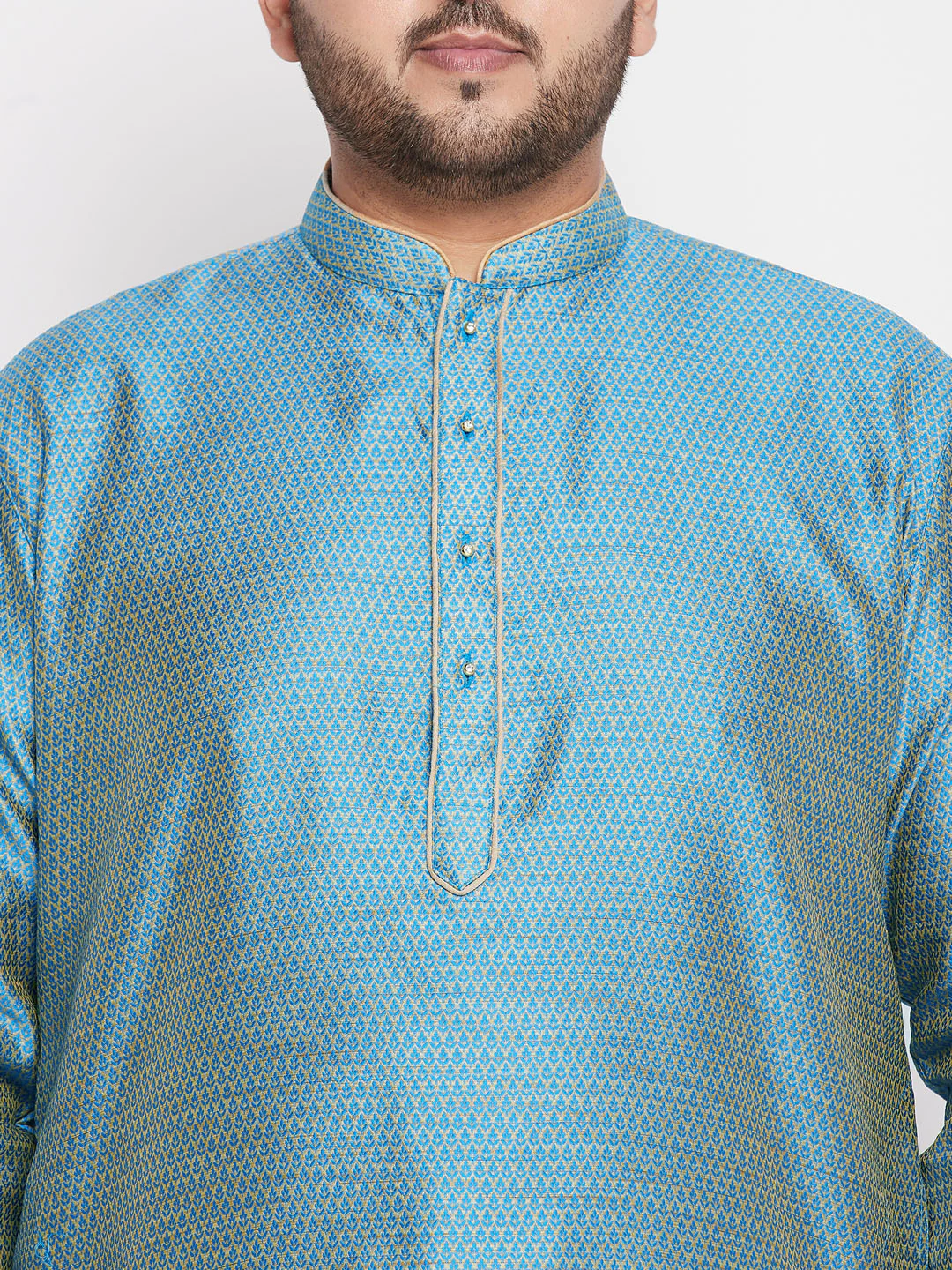 Men's Plus Size Aqua Blue Woven Kurta And Rose Gold Pyjama Set - Image 4
