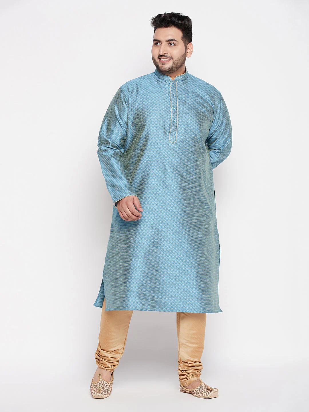 Men's Plus Size Aqua Blue Woven Kurta And Rose Gold Pyjama Set - Image 7