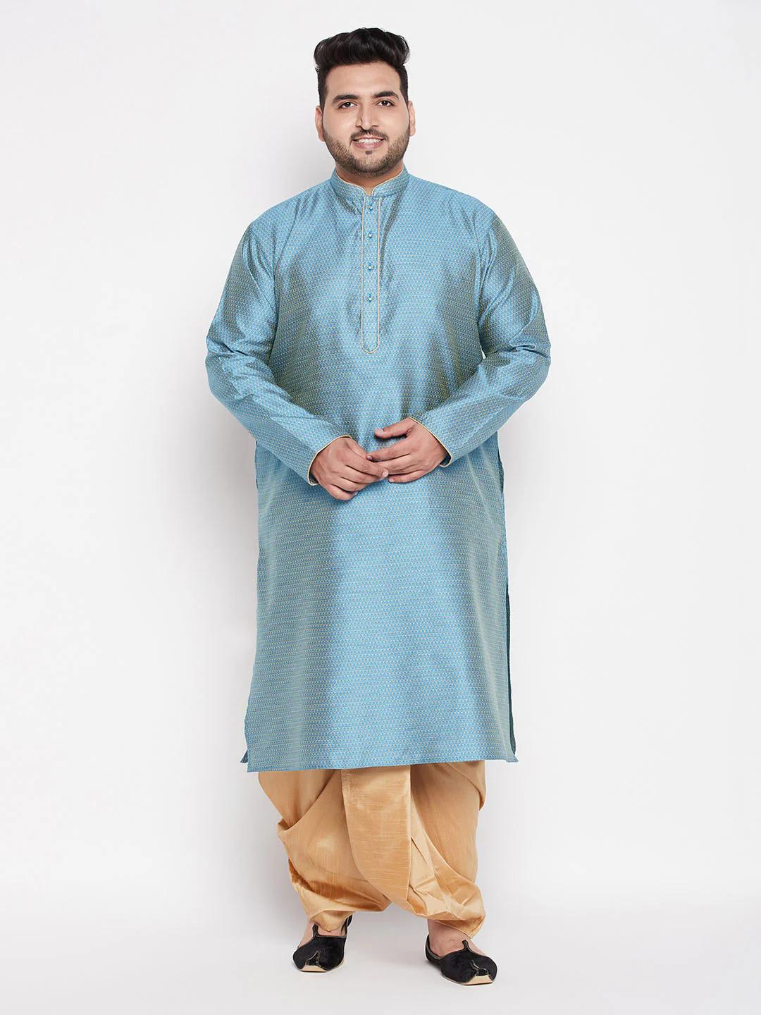Men's Plus Size Aqua Blue Woven Kurta And Rose Gold Dhoti Set - Image 7