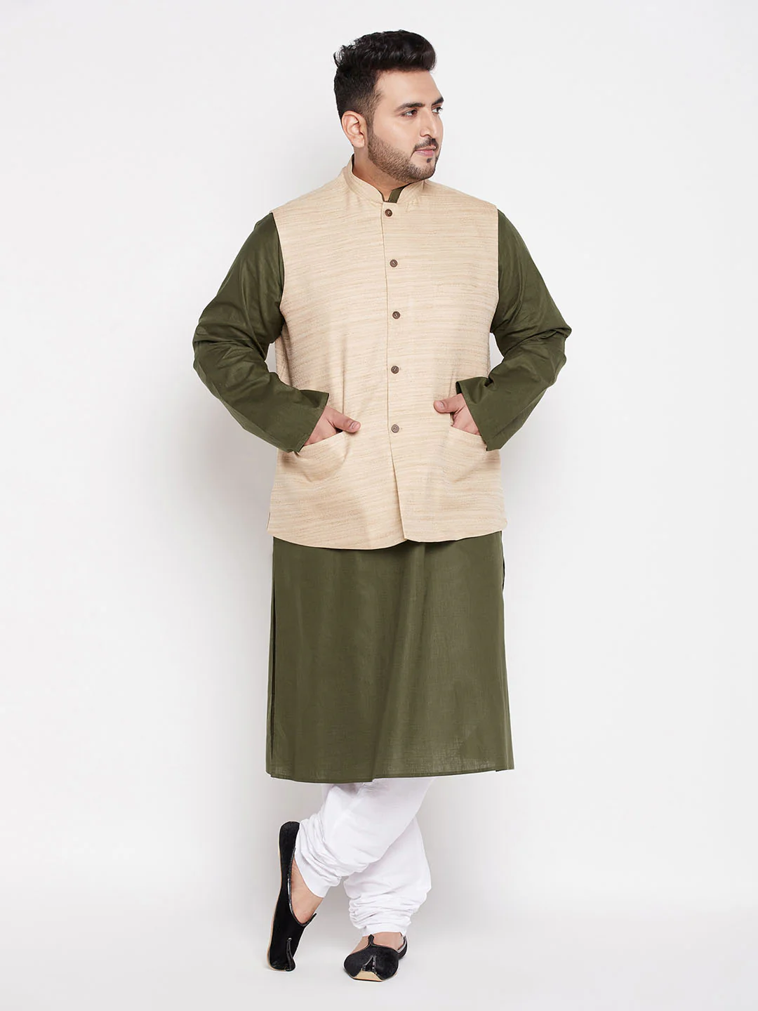 Men's Plus Size Beige Solid Jacket With Mint Green Solid Kurta And White Pyjama Set
