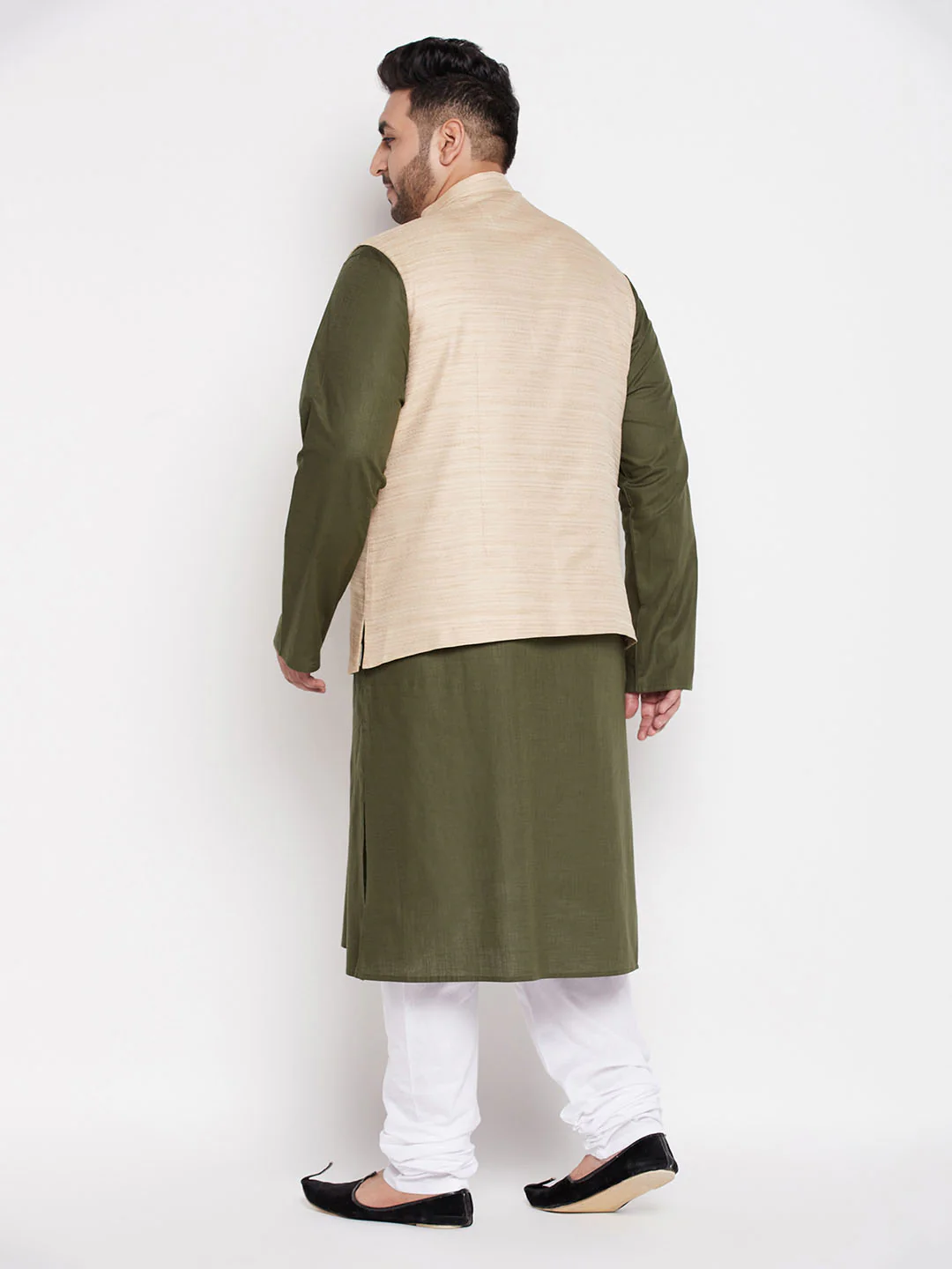 Men's Plus Size Beige Solid Jacket With Mint Green Solid Kurta And White Pyjama Set - Image 3