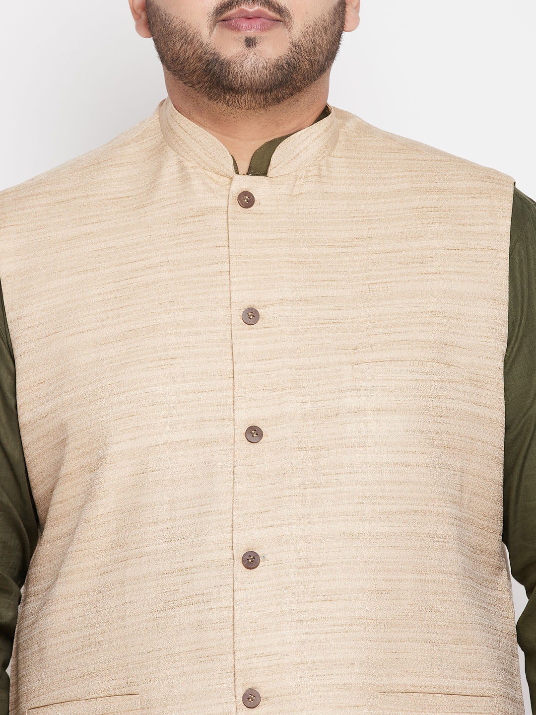 Men's Plus Size Beige Solid Jacket With Mint Green Solid Kurta And White Pyjama Set - Image 4