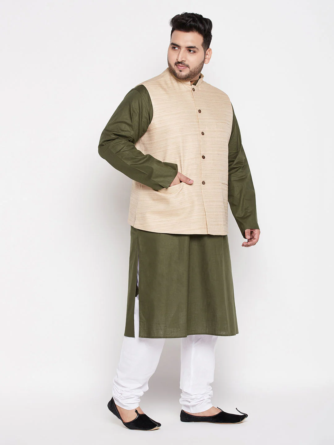 Men's Plus Size Beige Solid Jacket With Mint Green Solid Kurta And White Pyjama Set - Image 6