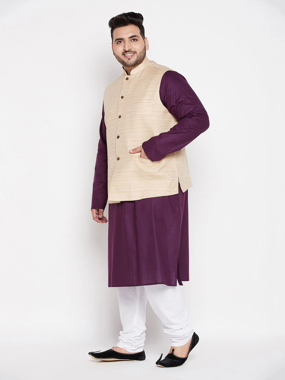 Men's Plus Size Beige Solid Jacket With Purple Solid Kurta And White Pyjama Set - Image 2