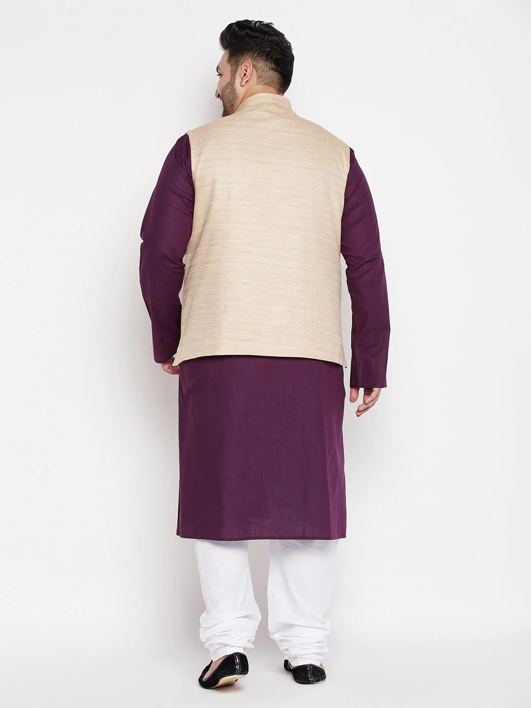 Men's Plus Size Beige Solid Jacket With Purple Solid Kurta And White Pyjama Set - Image 3