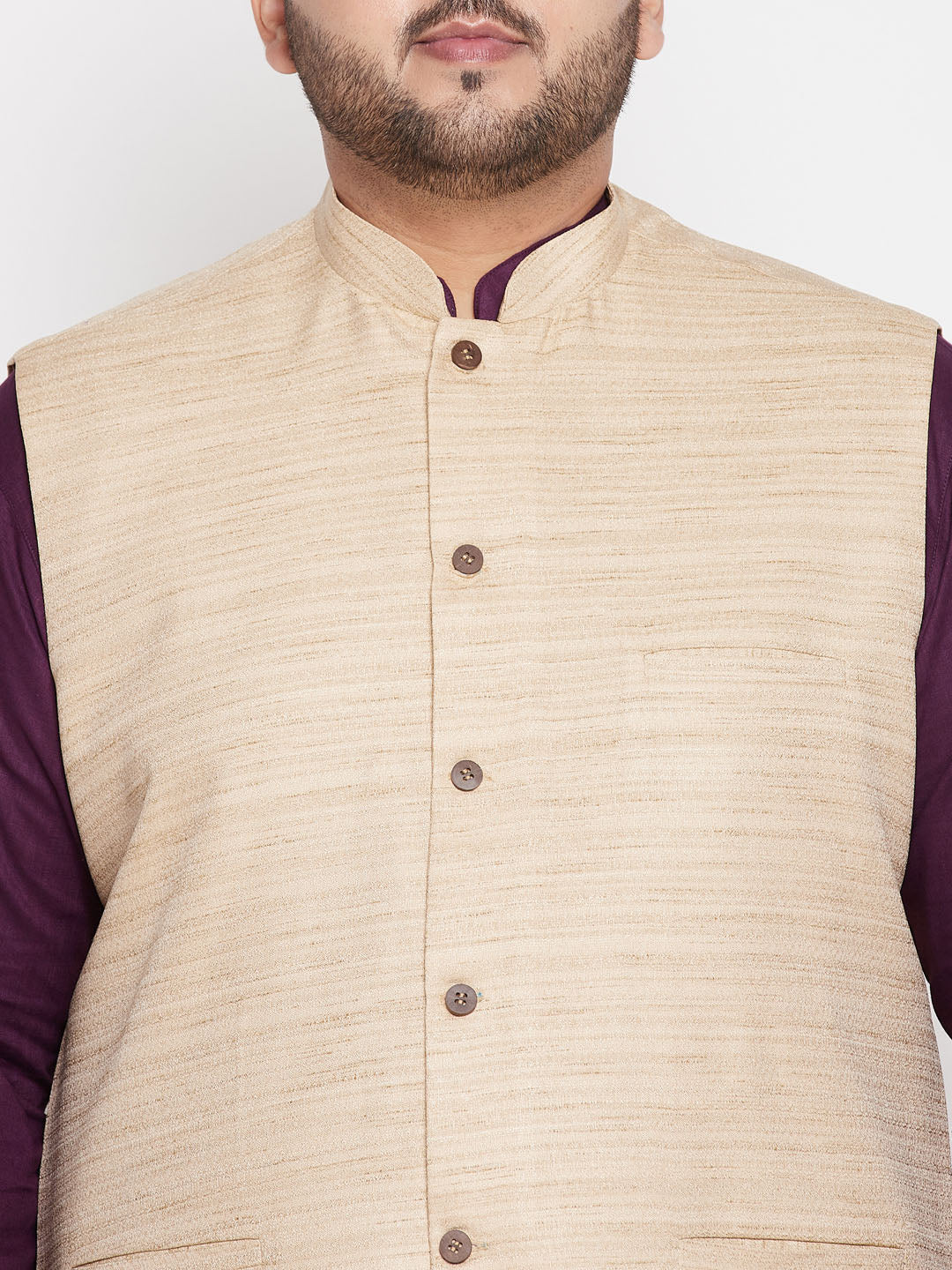 Men's Plus Size Beige Solid Jacket With Purple Solid Kurta And White Pyjama Set - Image 4