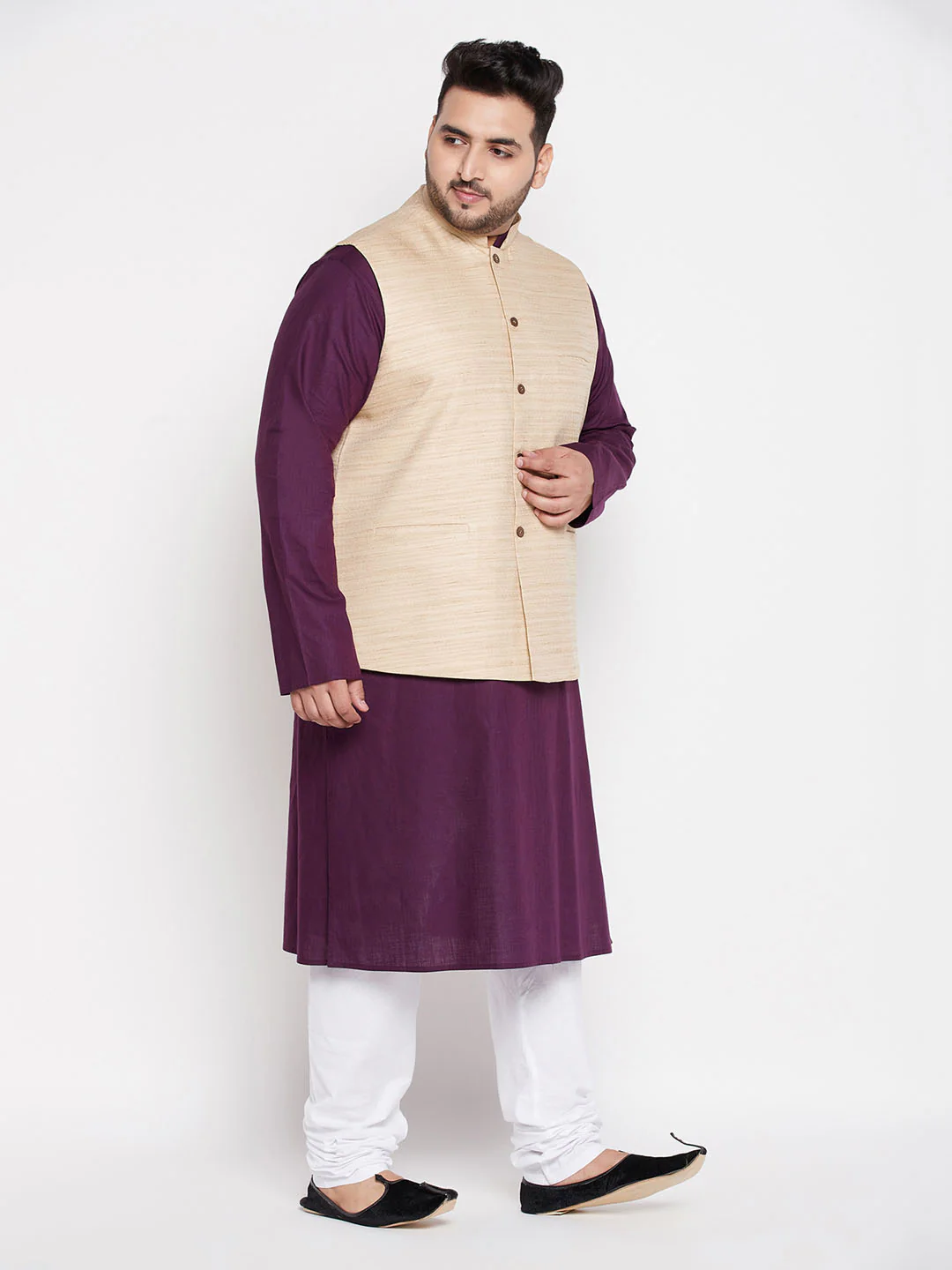Men's Plus Size Beige Solid Jacket With Purple Solid Kurta And White Pyjama Set - Image 6