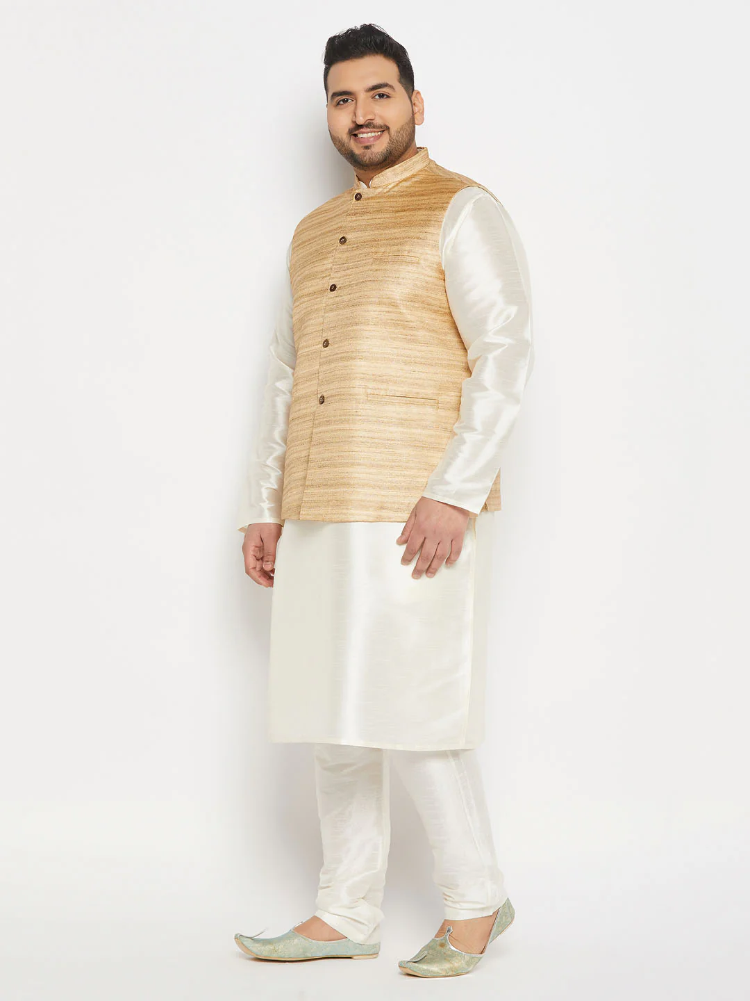 Men's Plus Size Beige Matka Silk Nehru Jacket With Cream Silk Blend Kurta Andpant Style Pyjama Set - Image 6