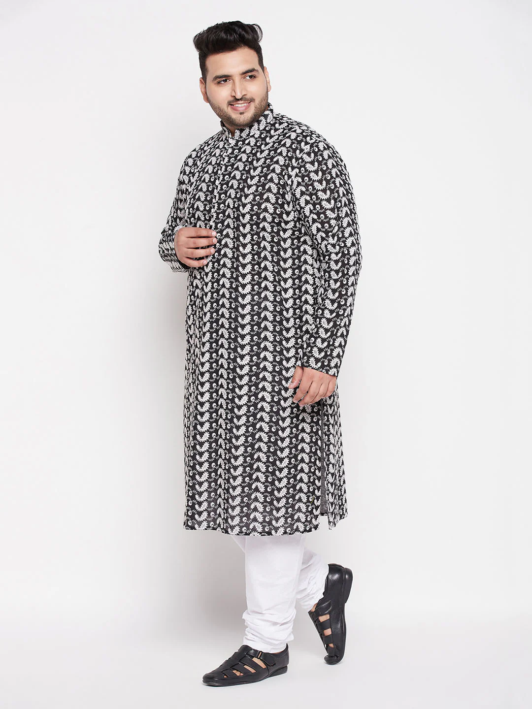Men's Plus Size Black Chikankari Embroidered Kurta And White Pyjama Set - Image 2