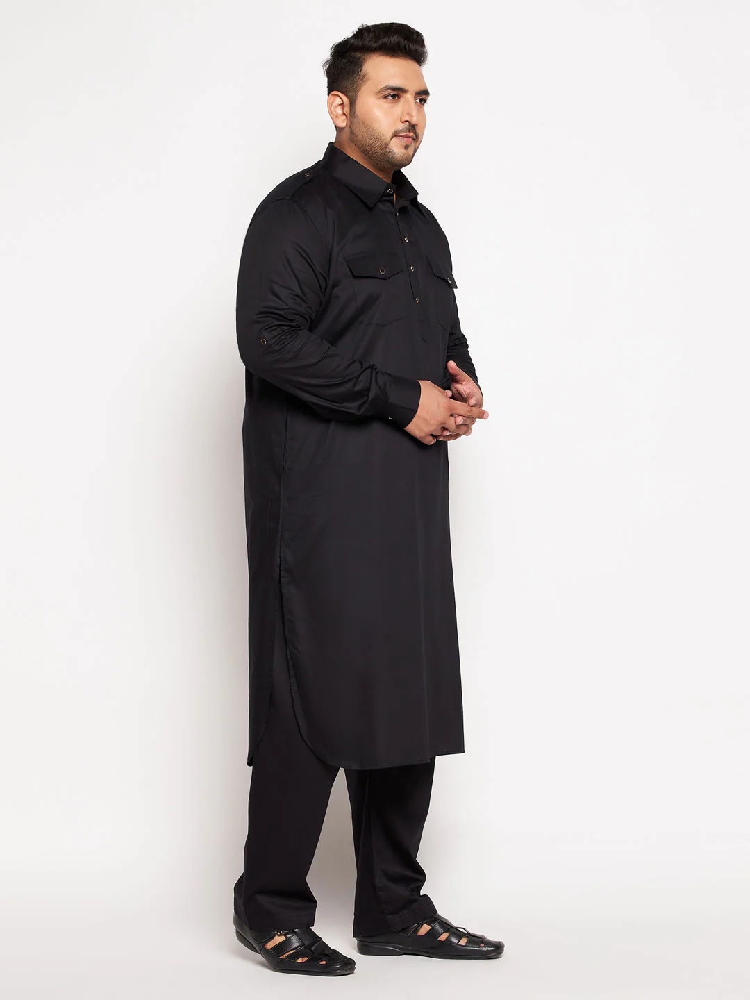 Men's Plus Size Black Cotton Blend Pathani Kurta - Image 6