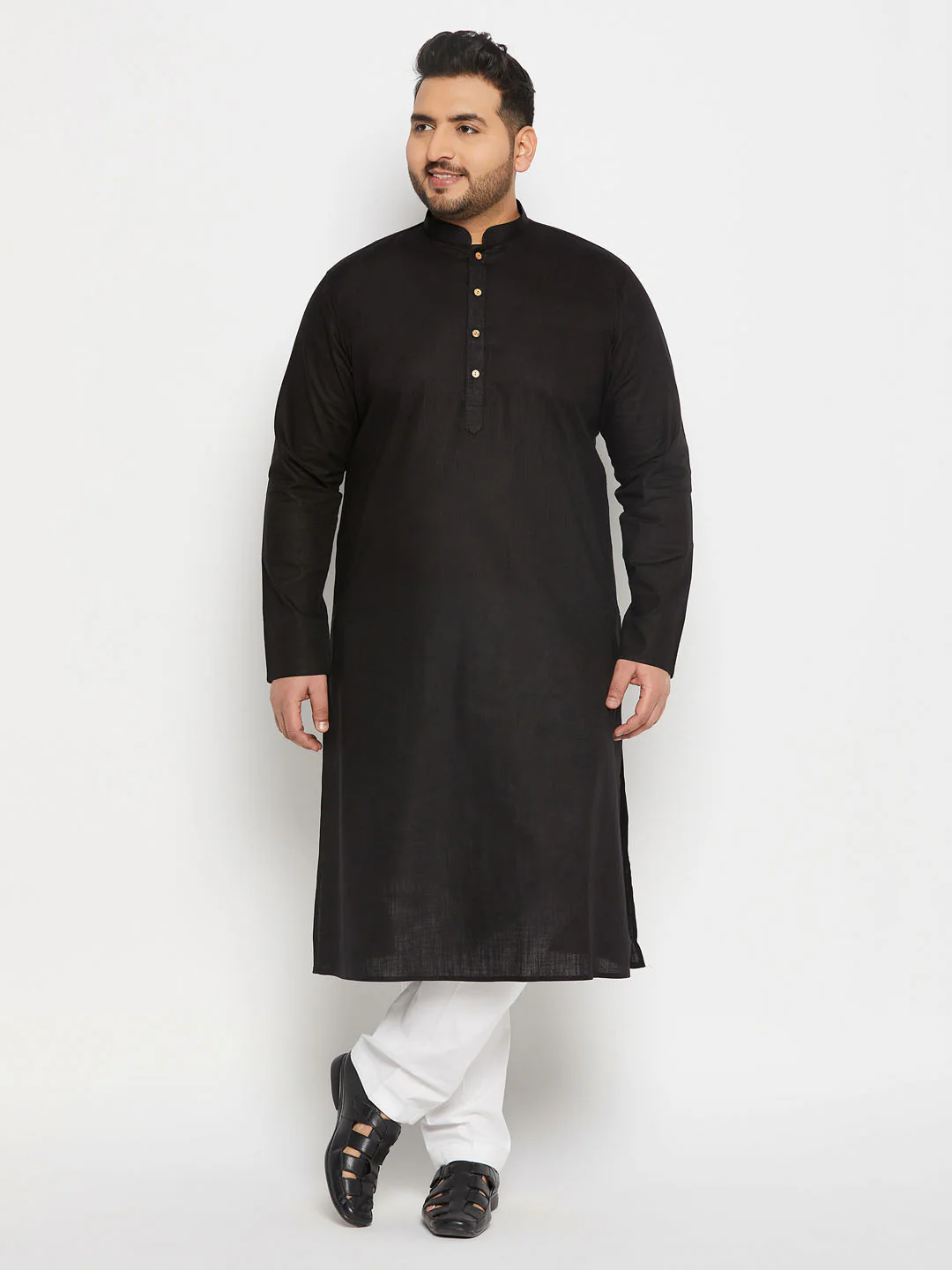 Men's Plus Size Black Cotton Kurta And Cotton Pant Style Pyjama Set - Image 7