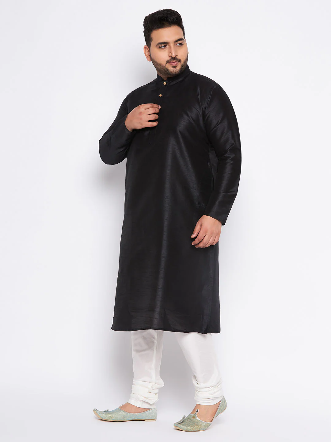 Men's Plus Size Black Cotton Silk Blend Kurta And Cream Pyjama Set - Image 6