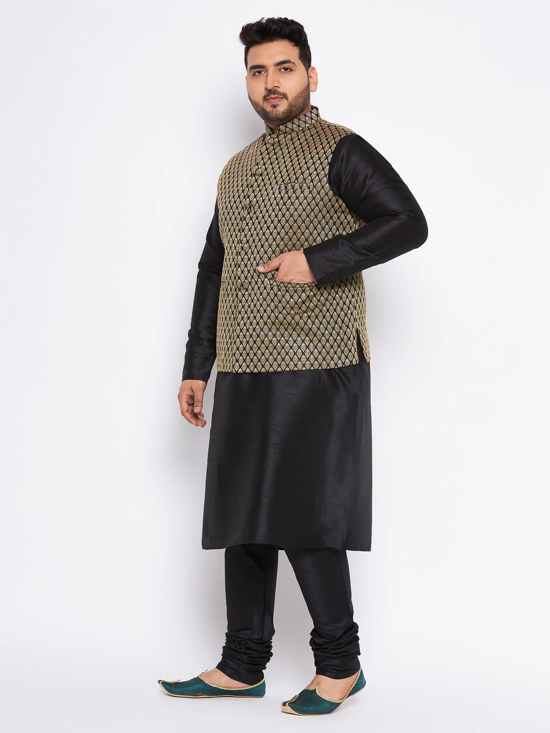 Men's Plus Size  Black Ethnic Jacket With Black Silk Blend Kurta And Pyjama Set - Image 2