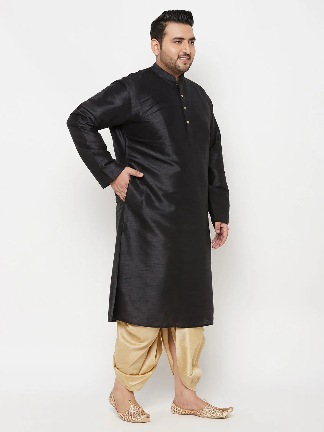 Men's Plus Size Black Silk Blend Kurta And Gold Dhoti Set - Image 6