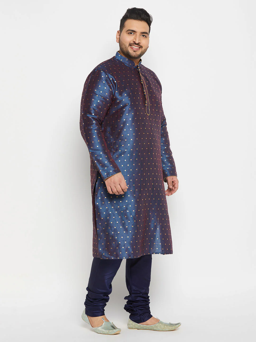 Men's Plus Size Navy Blue Zari Weaved Kurta Pyjama Set - Image 2