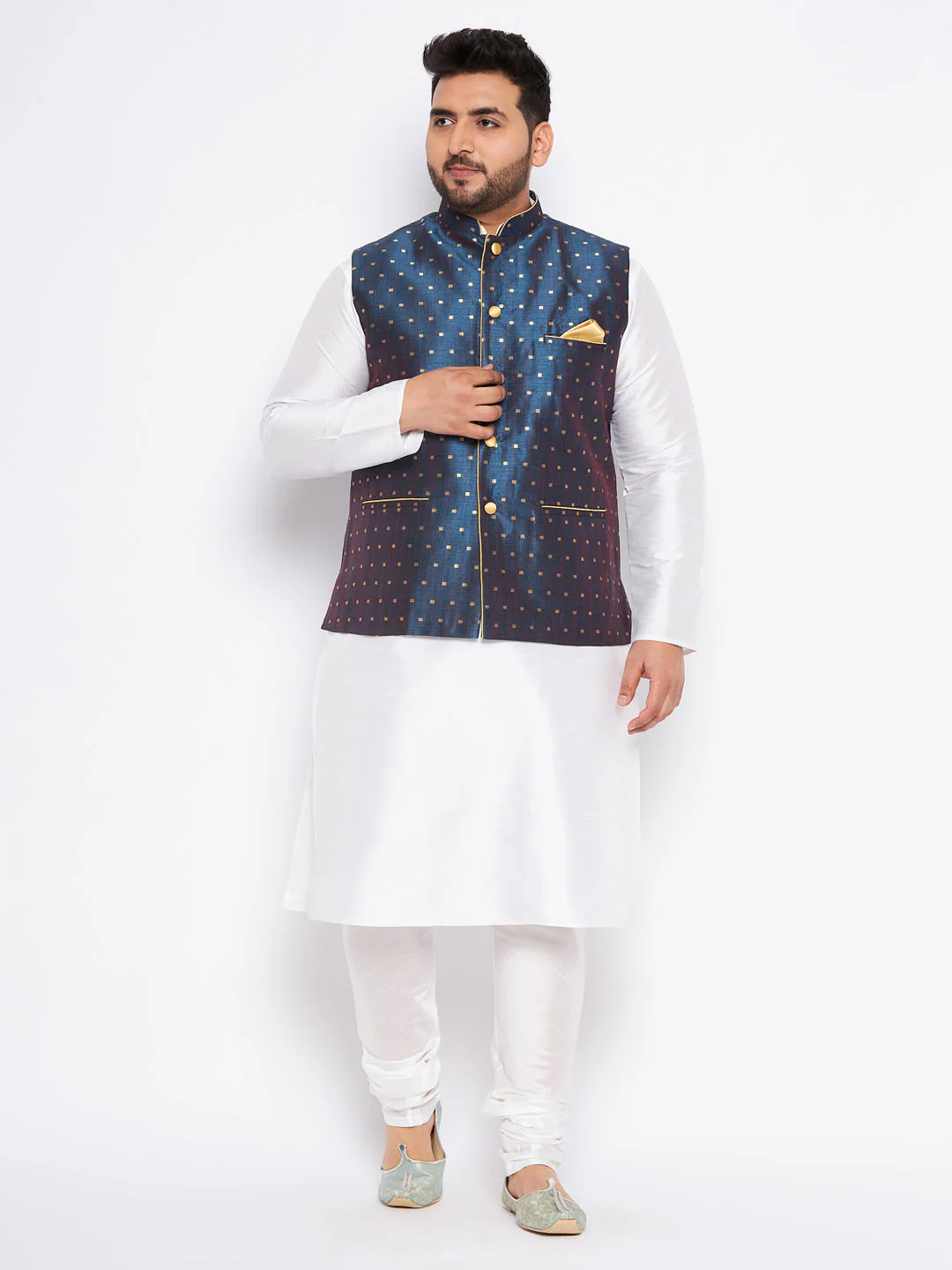 Men's Plus Size Blue Zari Weaved Nehru Jacket With Kurta Pyjama Set - Image 2