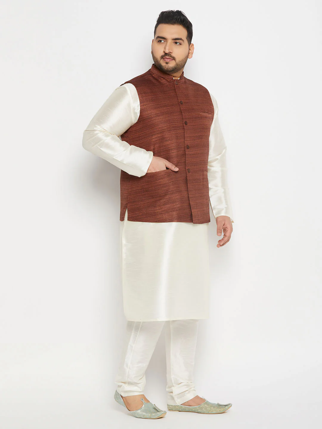 Men's Plus Size Coffee Matka Silk Nehru Jacket With Cream Silk Blend Kurta And Pant Style Pyjama Set - Image 2