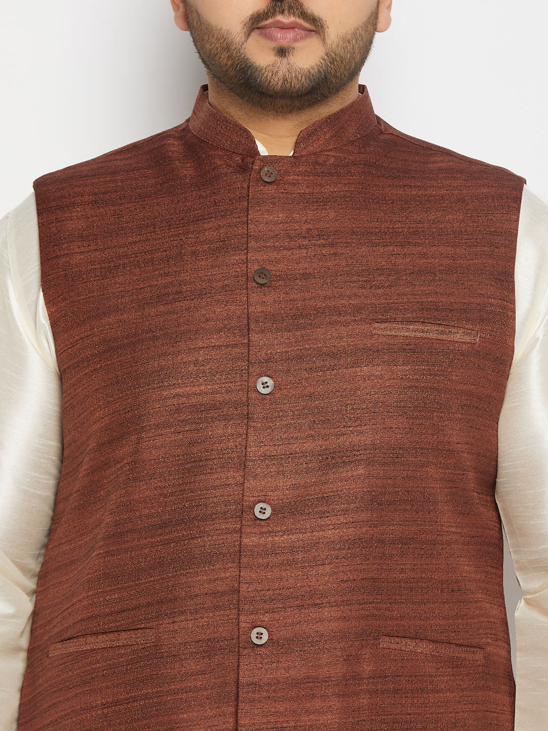Men's Plus Size Coffee Matka Silk Nehru Jacket With Cream Silk Blend Kurta And Pant Style Pyjama Set - Image 4