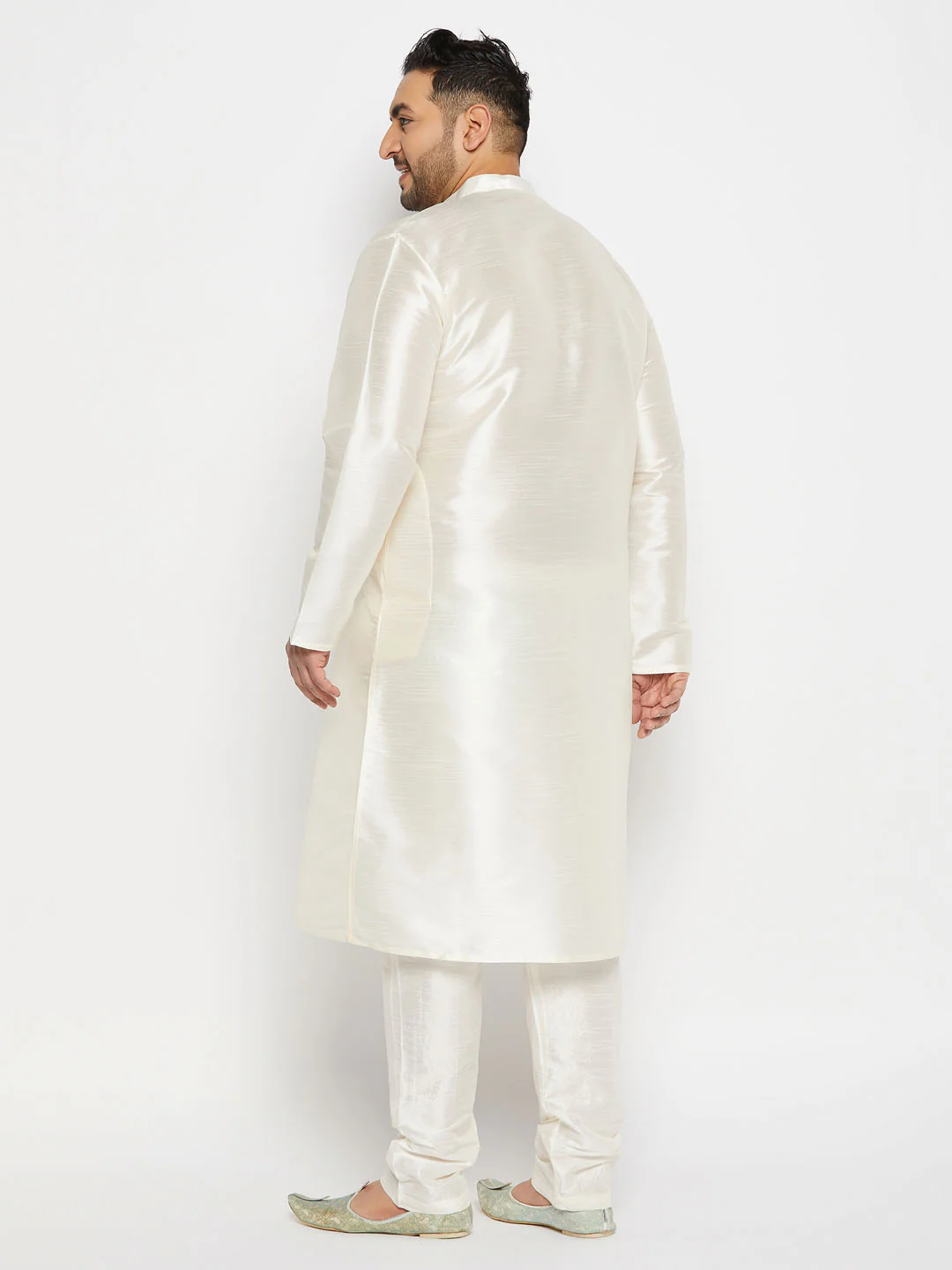 Men's Plus Size Cream Silk Blend Kurta Pant Set - Image 3