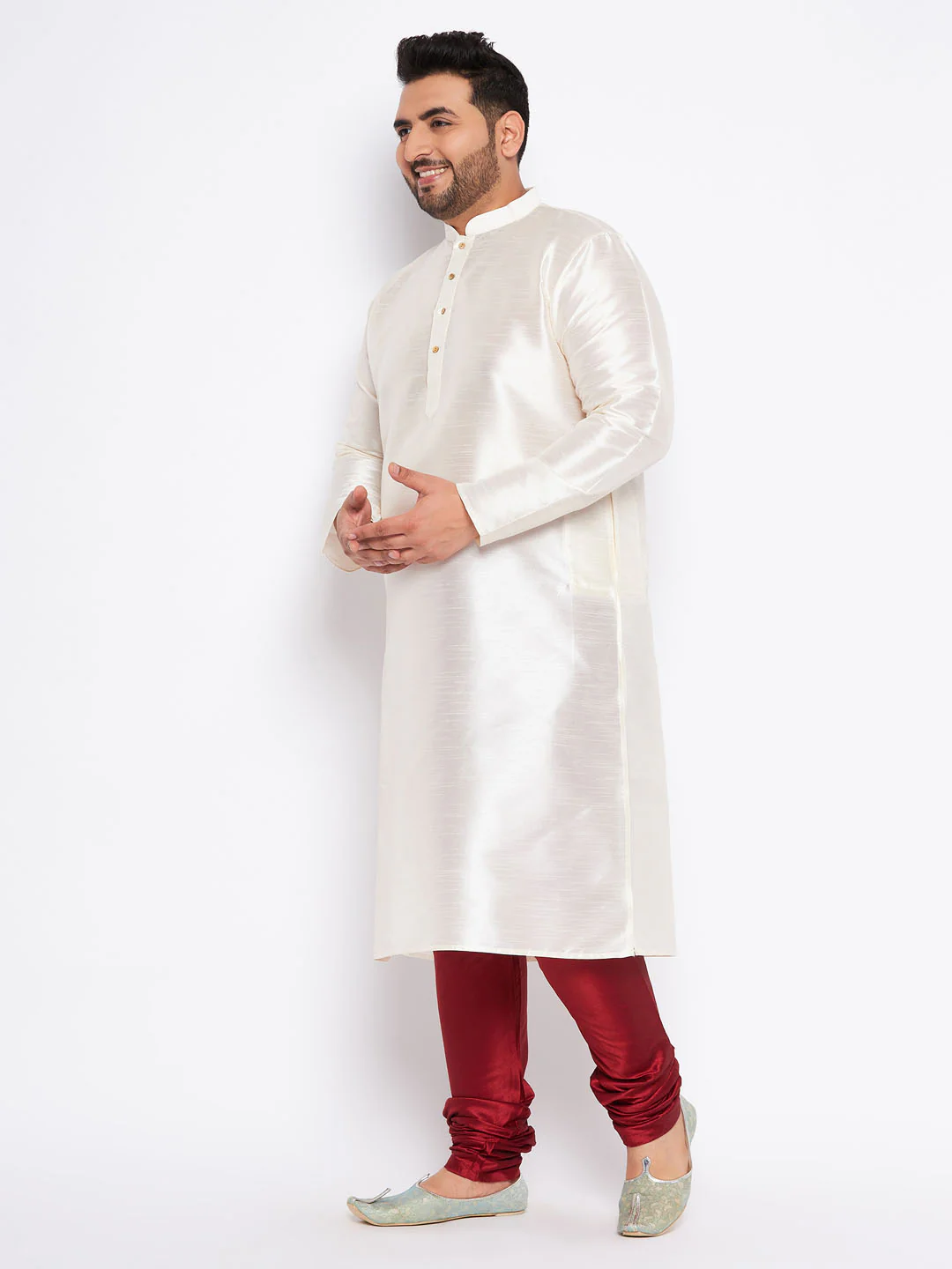 Men's Plus Size Cream Silk Blend Kurta Pyjama Set - Image 2