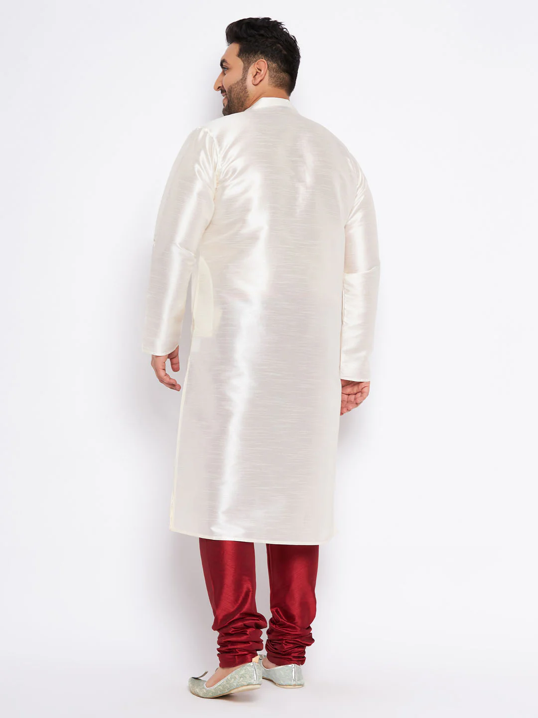 Men's Plus Size Cream Silk Blend Kurta Pyjama Set - Image 3