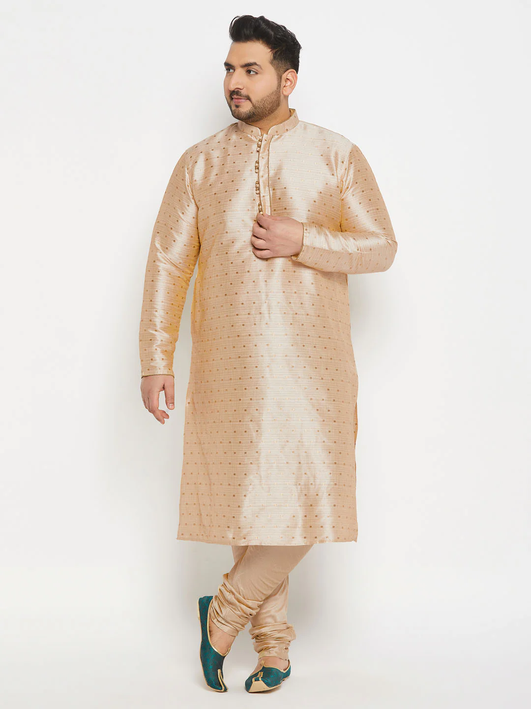Men's Plus Size Gold Zari Weaved Kurta Pyjama Set
