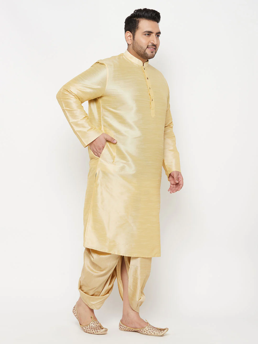 Men's Plus Size Gold Silk Blend Kurta And Gold Dhoti Set - Image 6