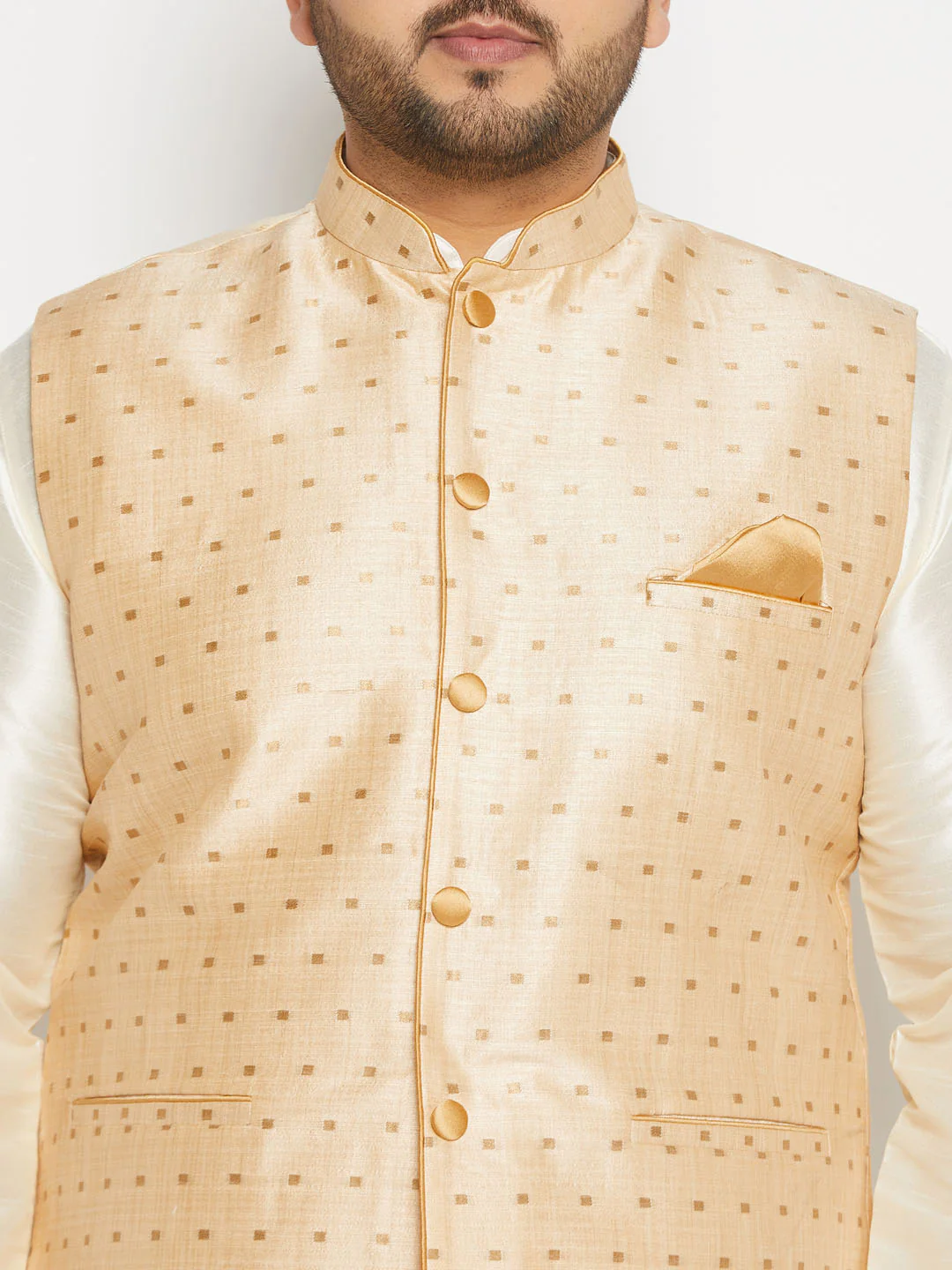 Plus Size Men's Gold Zari Weaved Kurta Pant Set - Image 4