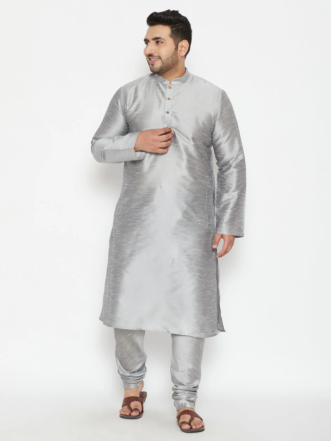 Men's Plus Size Grey Silk Blend Kurta - Image 5