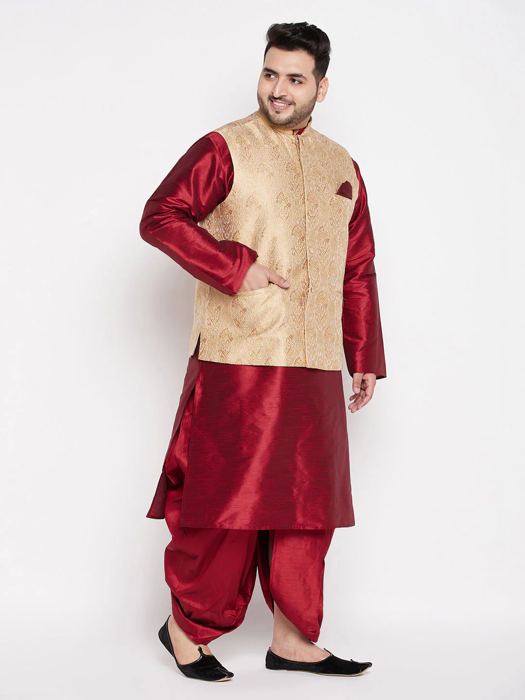 Men's Plus Size Rose Gold Brocade Silk Blend Jacket And Maroon Kurta With Pleated Dhoti Set - Image 6