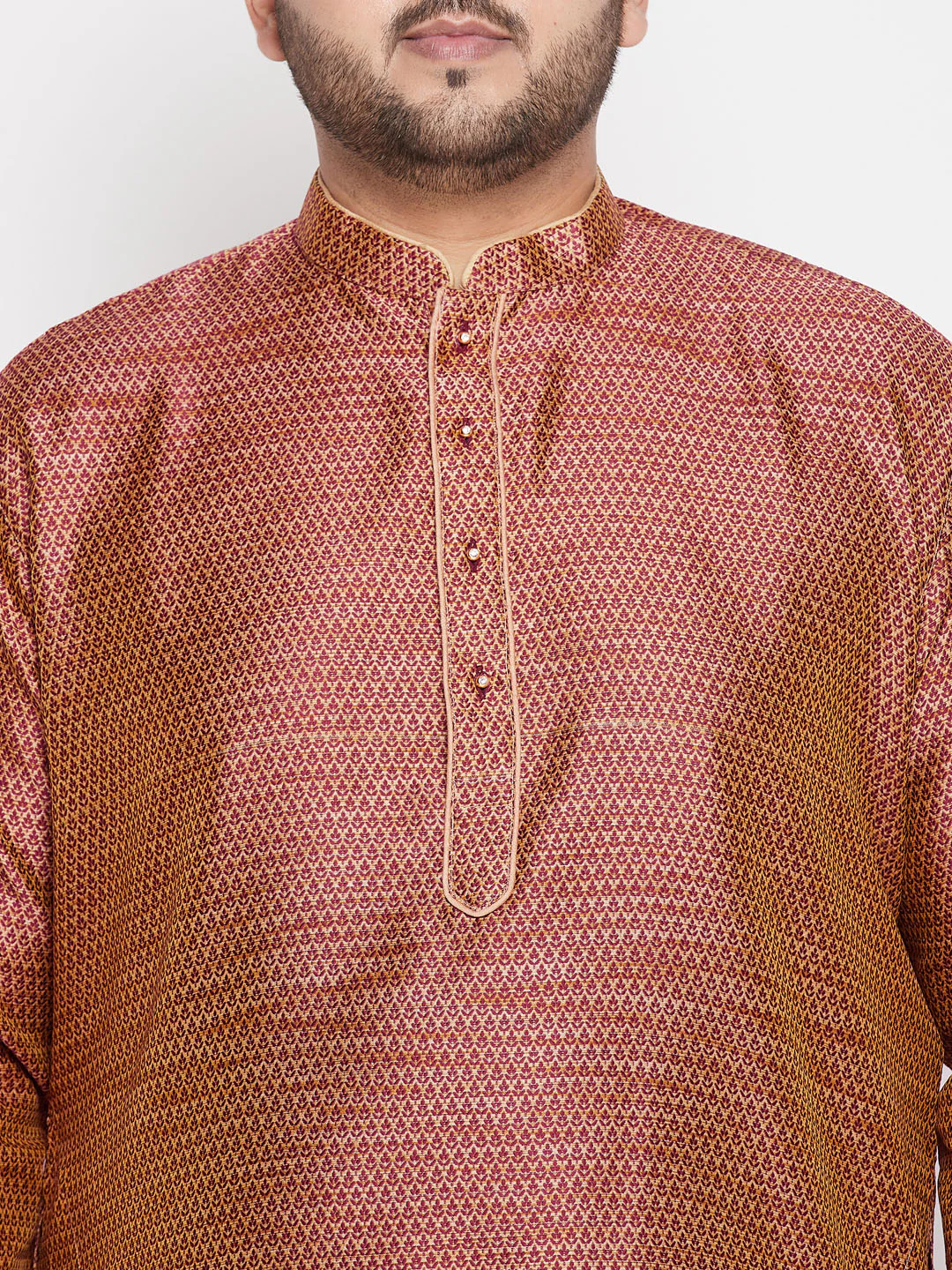 Men's Plus Size Maroon Woven Kurta And Rose Gold Dhoti Set - Image 4