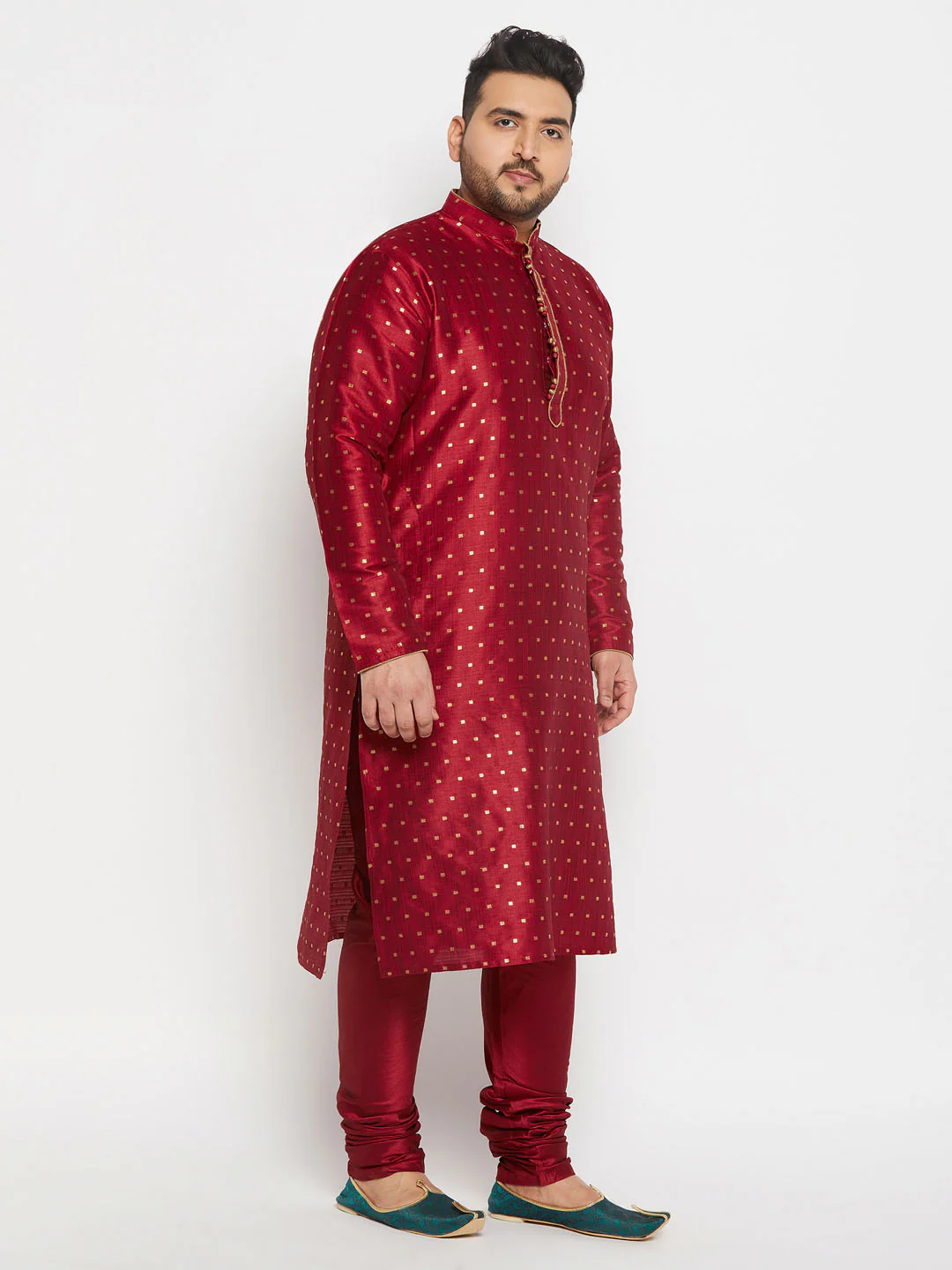Men's Plus Size Maroon Zari Weaved Kurta Pyjama Set - Image 2
