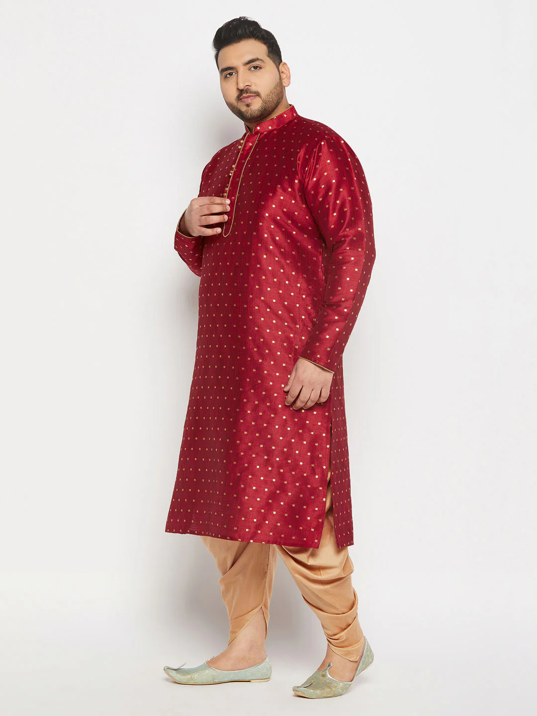 Men's Plus Size Maroon Zari Weaved Kurta Dhoti Set - Image 6